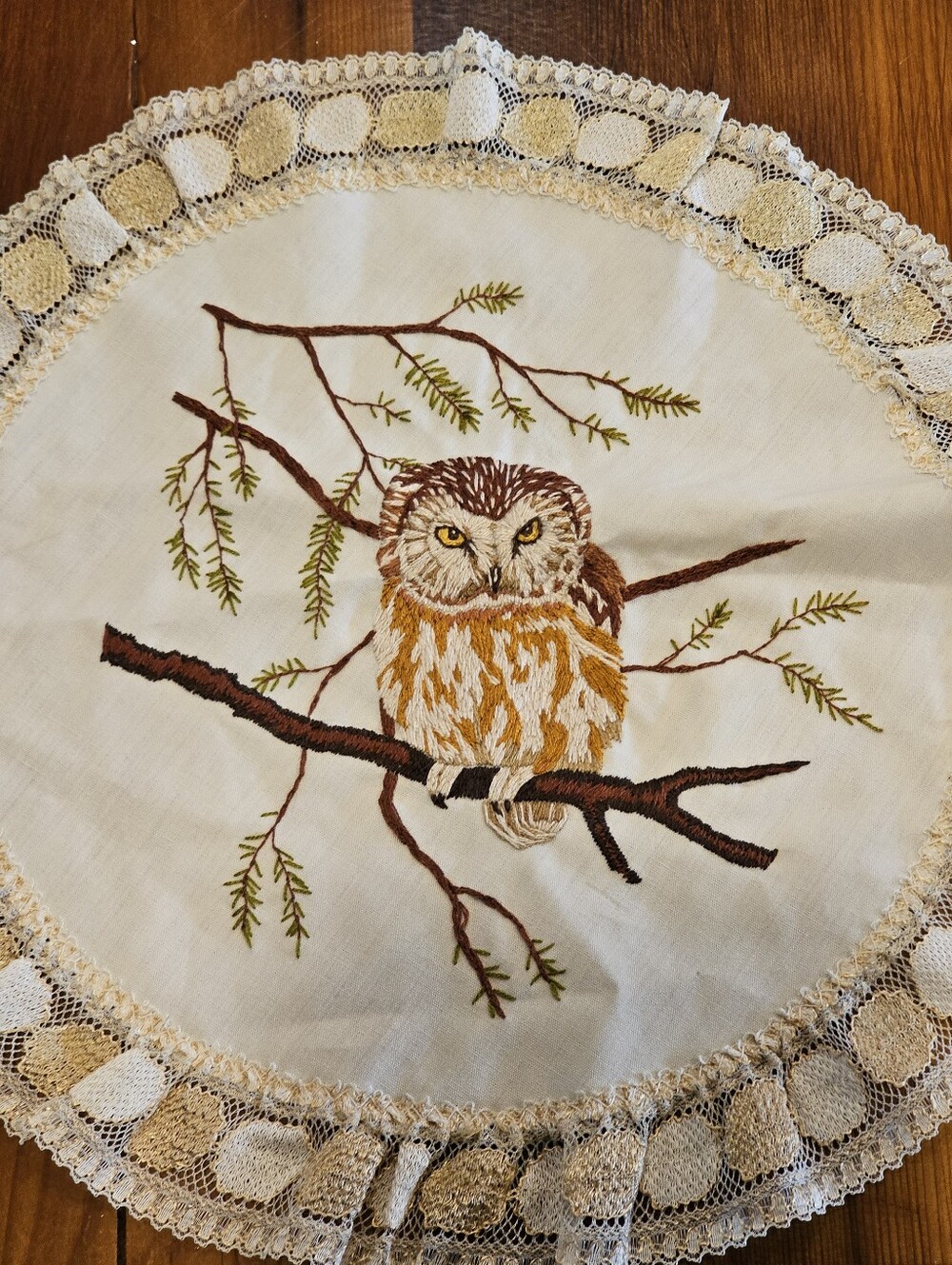 Hand-Embroidered Owl Lace Table Accent - Cream and Brown